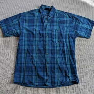 Vintage Bon Homme Mens Button Down Shirt Size Medium Short Sleeve Teal Plaid